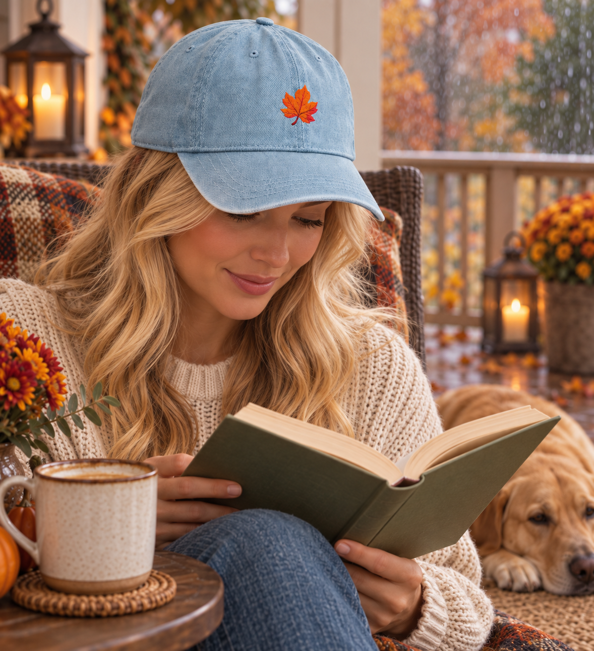 Embroidered Fall Maple Leaf Denim Hat
